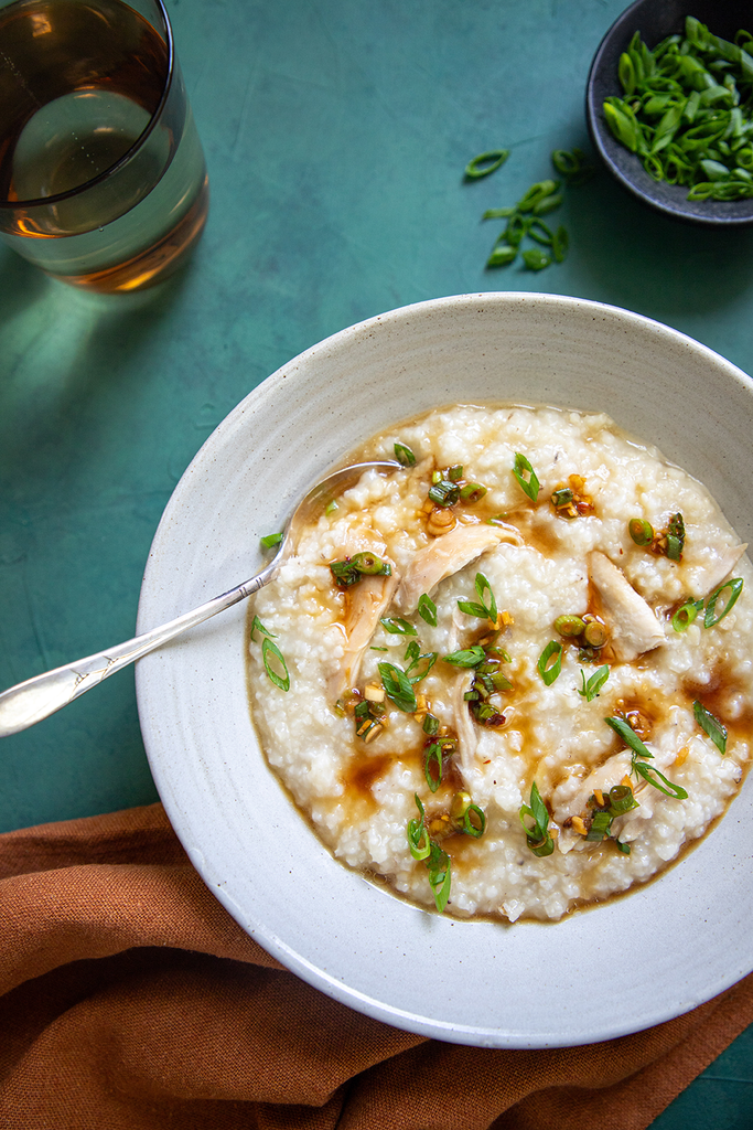 Congee with Roasted Chicken, Ginger and Scallions