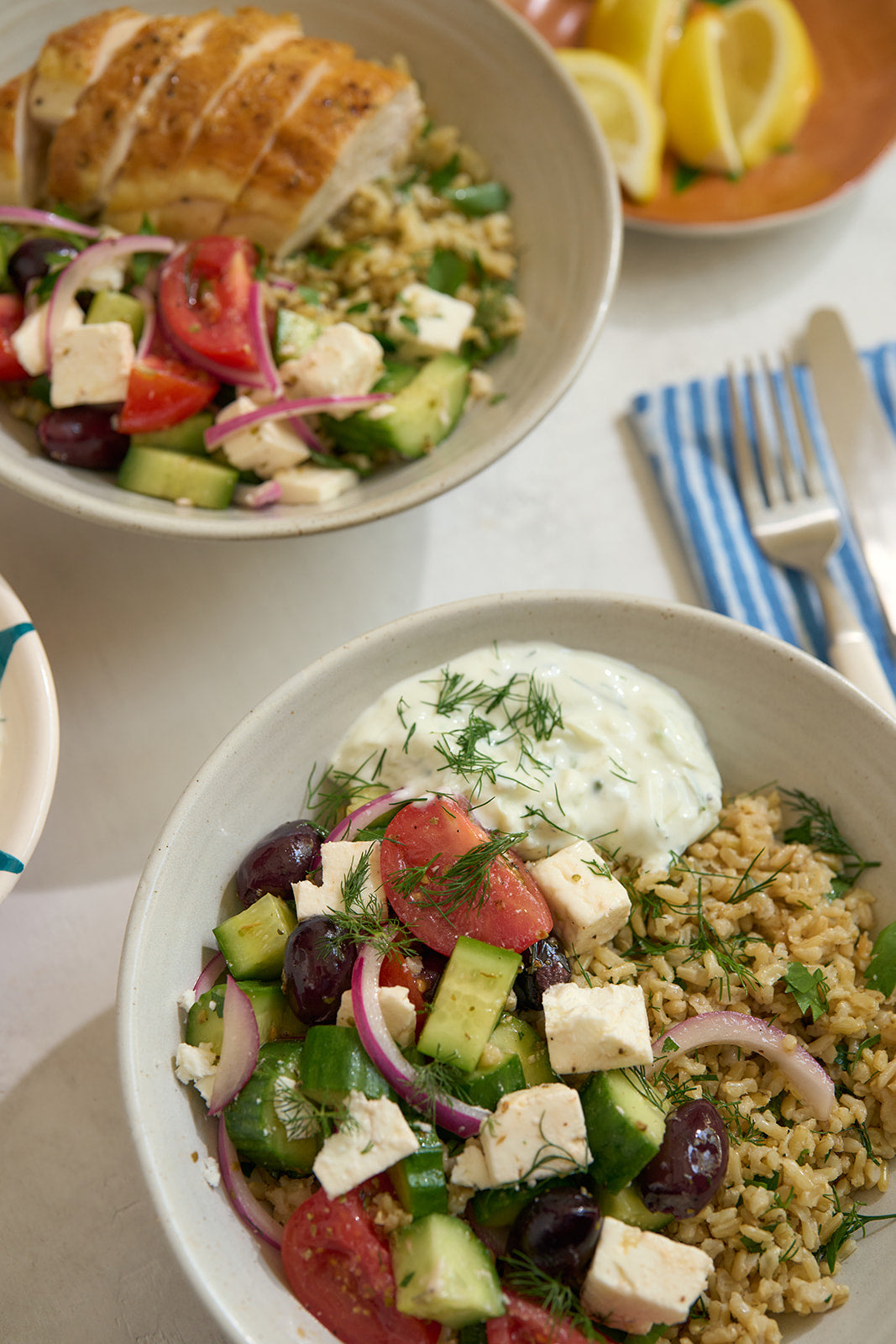Lemon-Herb Rice Pilaf, Tzatziki and Greek Salad