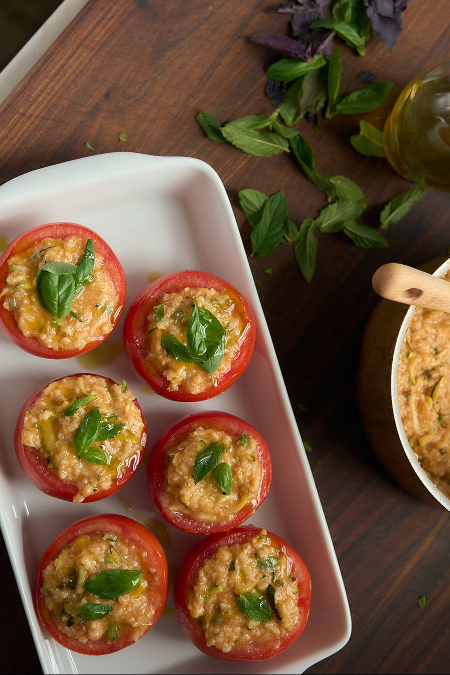 Carolina Gold Rice Stuffed Tomatoes with Zucchini, Basil and Mint