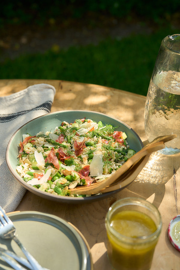 Brown Rice Salad with Peas, Asparagus, Almonds, and Crispy Prosciutto
