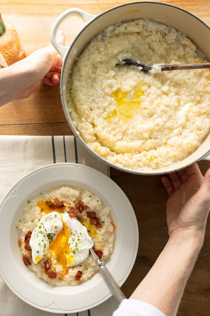 Rice Grits with Poached Eggs & Bacon