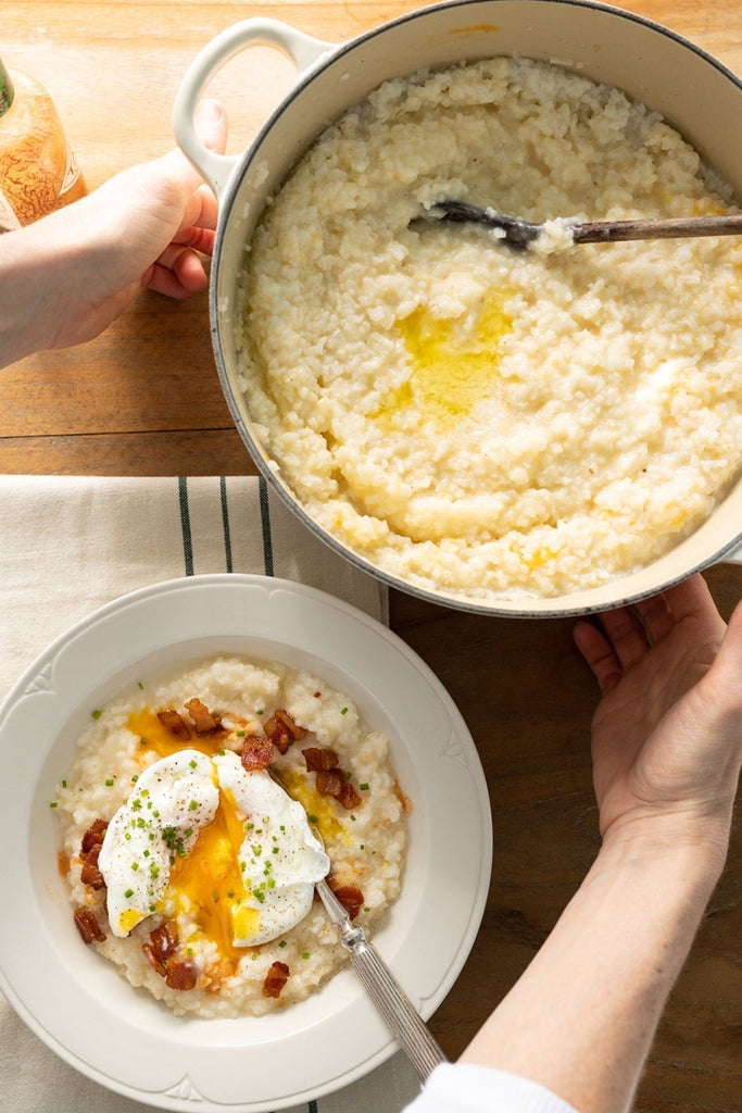 Rice Grits with Poached Eggs & Bacon