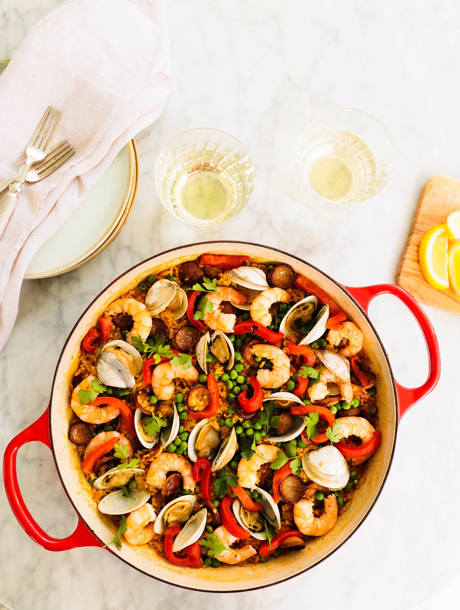 Southern seafood paella made with Charleston Gold Rice Grits or Middlins featuring lowcountry seafood from a White House Farms recipe