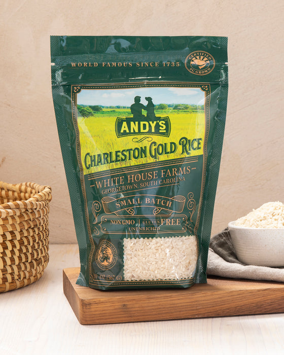 Package of White House Farms Andy's heirloom Charleston Gold Rice